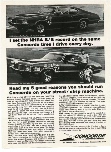 1972 CONCORDE Tires BILL ROBINSON Sets NHRA B/Stock record Vintage Print Ad