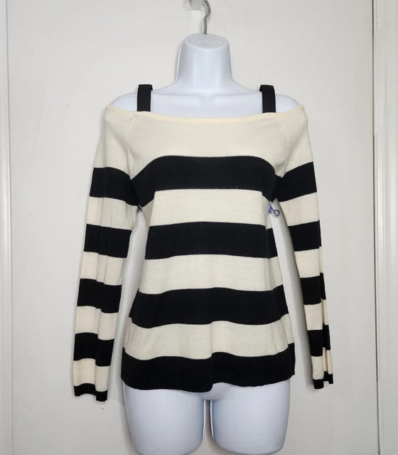 JEALOUS TOMATO Small Black and Ivory Striped Cold Shoulder 100% Acrylic Sweater