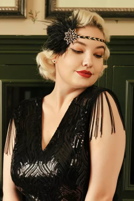 NEW  BABEYOND 1920s   Vintage Ostrich Feather Headband  black/gold