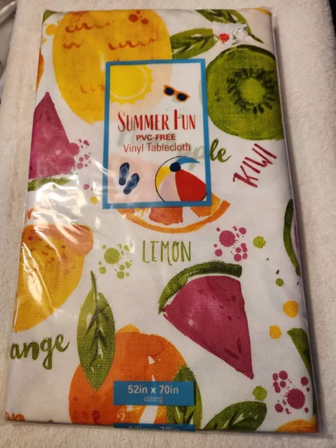 NEW Summer Fun PVC-Free Vinyl Multicolored Fruit Themed 52" x 70" Tablecloth