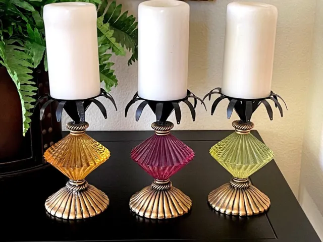 Set of Three Jewel Tone Candle Holders / Pillar Candle Holders / Home De