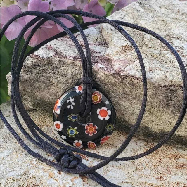Millefiori Beaded Necklace Adjustable Length Medallion Cord Necklace Handmade