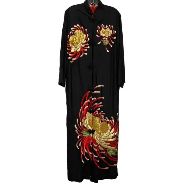 Ichi-Fujico Black Embroidered 100% Silk Kimono Red Interior Medium