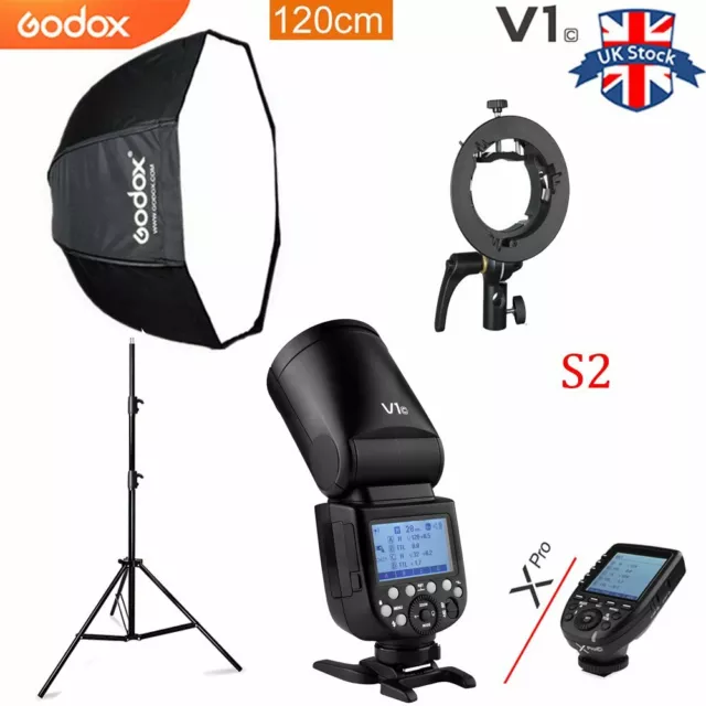 UK Godox V1C V1-C Round Head Flash+120cm Umbrella Softbox Stand+Xpro-C for Canon