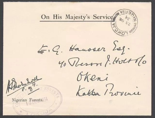 NIGERIA 1934 OHMS cover Lokoja to Okeni - Conservator of Forests frank......H907