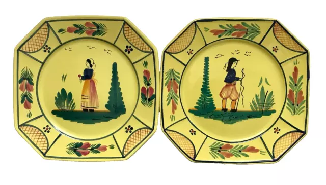 2 Vtg HB QUIMPER Soleil Yellow 10" Dinner Plates~Breton Man+Woman~French Country