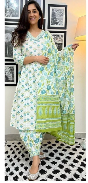 Printed Work Indian Handmade Salwar Kameez Women Cotton Kurti Palazzo Dupatta