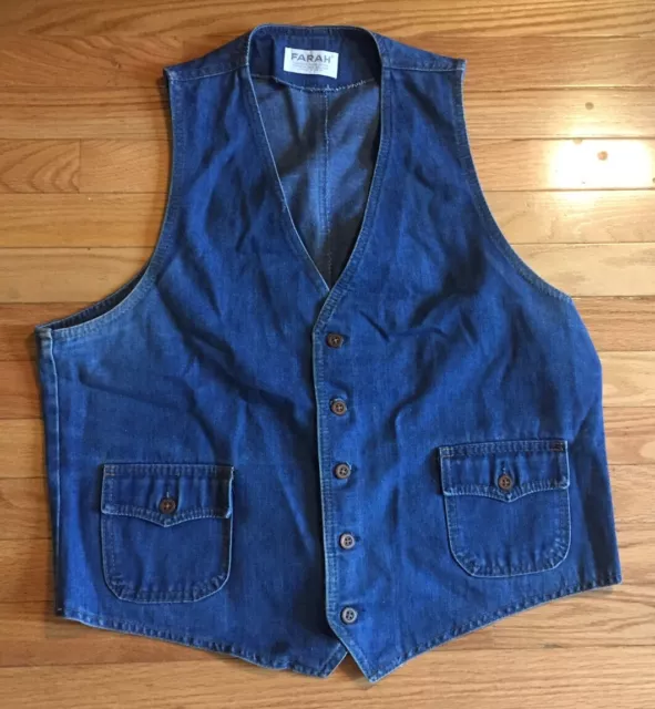 Vintage Farah 1970s Denim Vest Made in USA Hip Pockets