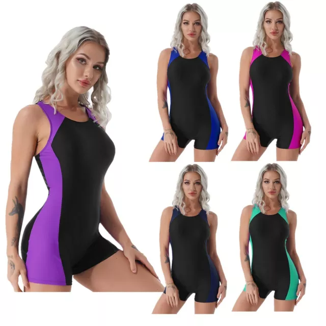 Swimming Costume Women Boyleg Swimsuits One Piece Color Contrast Short Jumpsuit