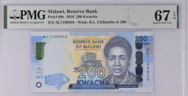 Malawi 200 Kwacha 2016 P 60 c Superb GEM UNC PMG 67 EPQ