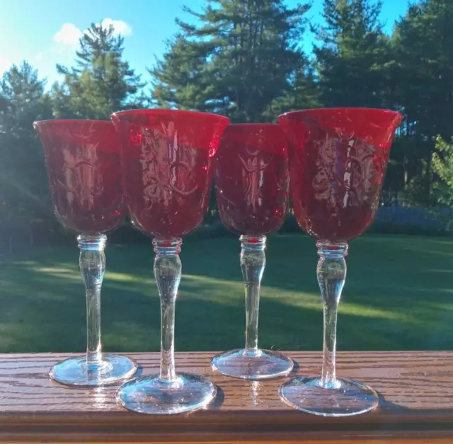 VTG Ruby Red Embossed Wine Glasses Swirl Pattern Clear Stem Set of 4 bell shape