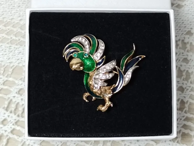 Attwood & Sawyer Cockatoo Parrot Brooch, Gold Plated,  Swarovski Crystals, RARE