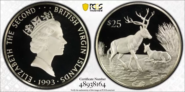 1993 -FM British Virgin Islands Silver $25 Pere David's deer - PCGS PR69 DCAM
