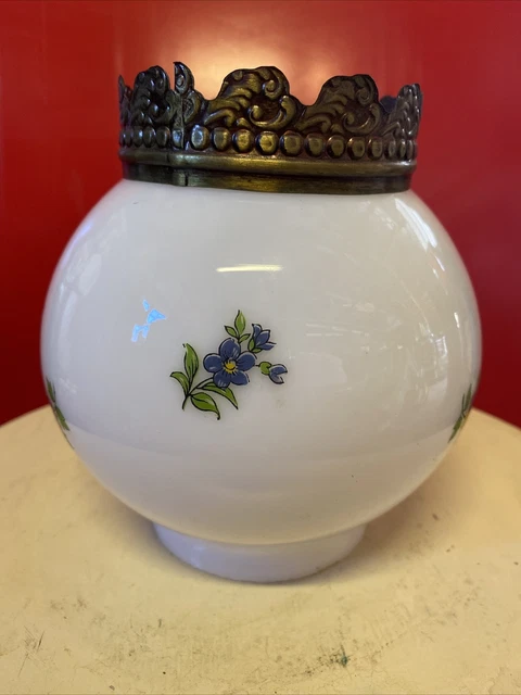 Small Vtg GWTW Style? Floral White Glass Painted Shade W  Metal Rings 6” Tall
