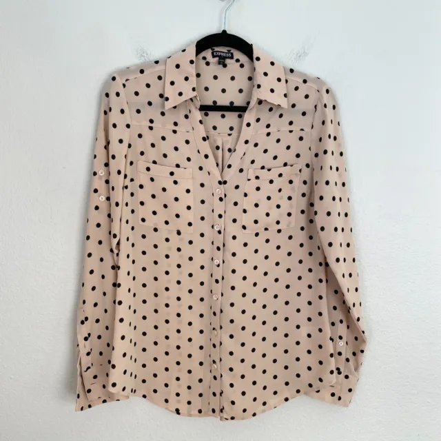 Express Womens Small Polka Dot Button Up Blouse Top Roll Tab Sleeve Shirt