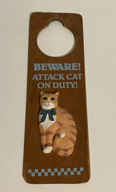 Vintage Wooden Door Knob Hanger 3D Cat “Beware Attack Cat On .. Adoorables 1987