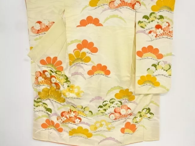 84975# Japanese Kimono / Antique Furisode / Embroidery / Grass With Pine & K