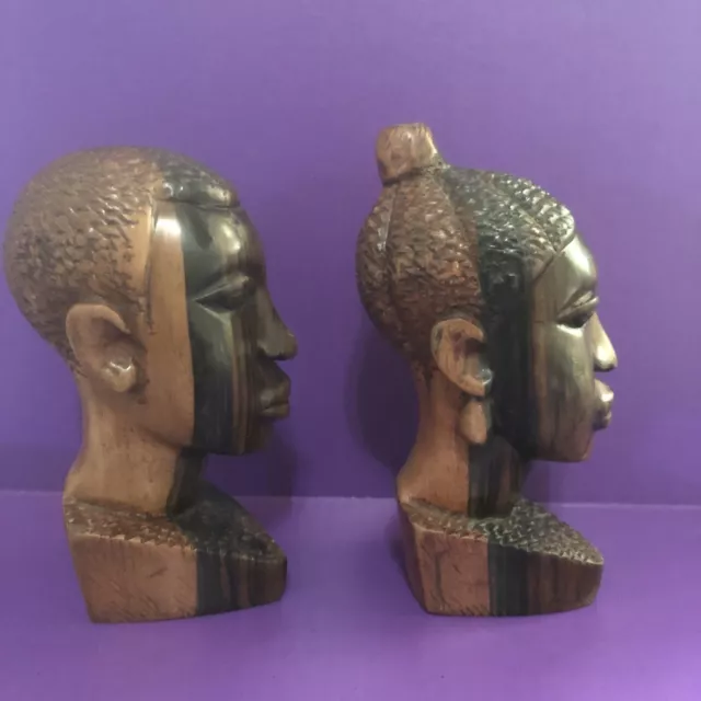 2 Hand Carved Solid Ebony Wood AFRICAN TRIBAL Bust Head Statues 7” Tall