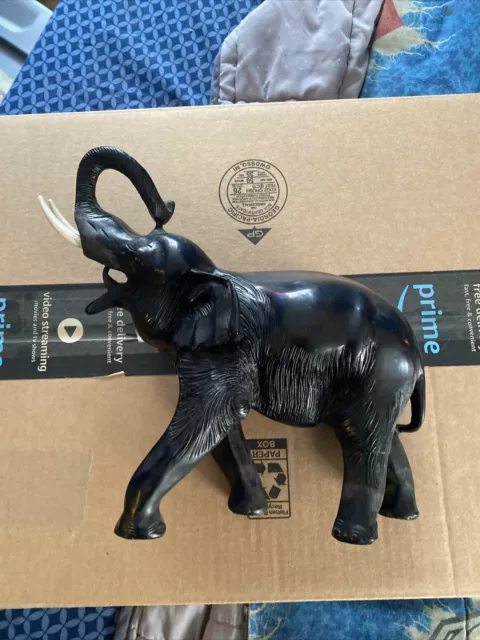 Elephant Figurine Dark Brown Plastic Husks Trunk Up 8.5" Heavy Safari Sculpture