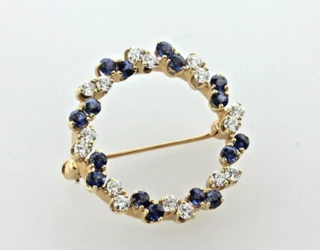 14K Yellow Gold Alternating 0.50 TCW Diamond & Sapphire Circle Round Brooch Pin