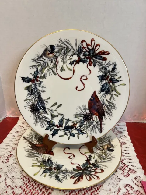 LENOX Winter Greetings 10.75" Dinner Plate Fine Ivory China Birds Holly Ribbons