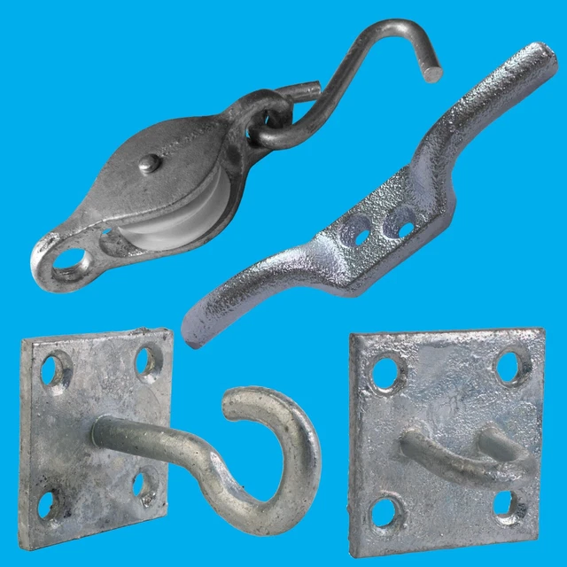 WASHING LINE KIT; Galvanised Cleat, Wheel Hooked Pulley, Plate Hook