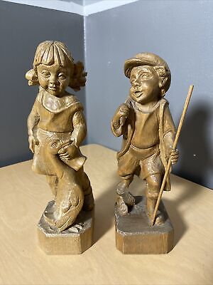 Lot of 2 Vintage Hand Carved Folk-Art Wood Figures ~ Boy & Girl