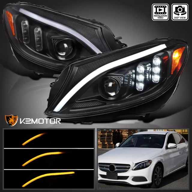 Black Fits 2015-2018 Mercedes W205 C300 C350 LED Switchback Projector Headlights