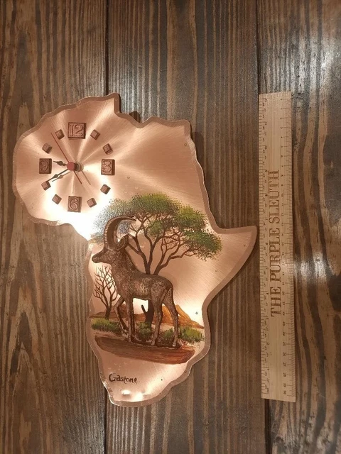 Vintage African Gastone 3D Antelope Tribal Wall Clock Battery Works Copper 14x12