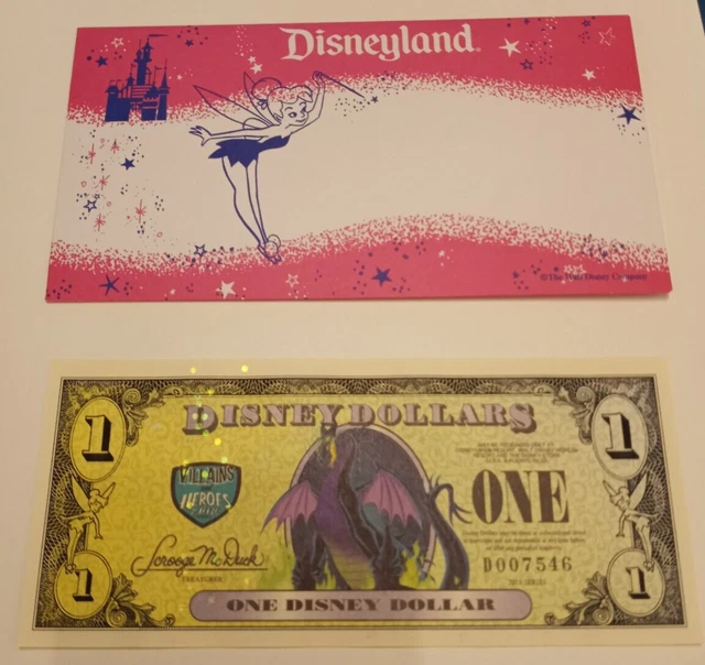 2013 $1 Disney Dollar Heros and Villians Maleficent With Tinkerbell Envelope