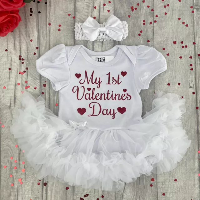 1ST VALENTINE NEWBORN GIFT, Baby White Tutu Romper Red Glitter Heart Design