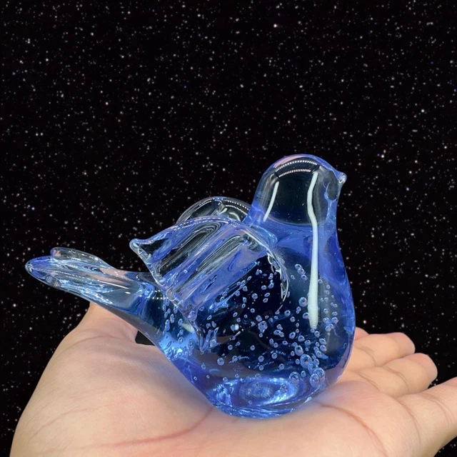 Art Glass Bird Figurine Paperweight With Small Bubbles Blue Glass 4”W 3”T