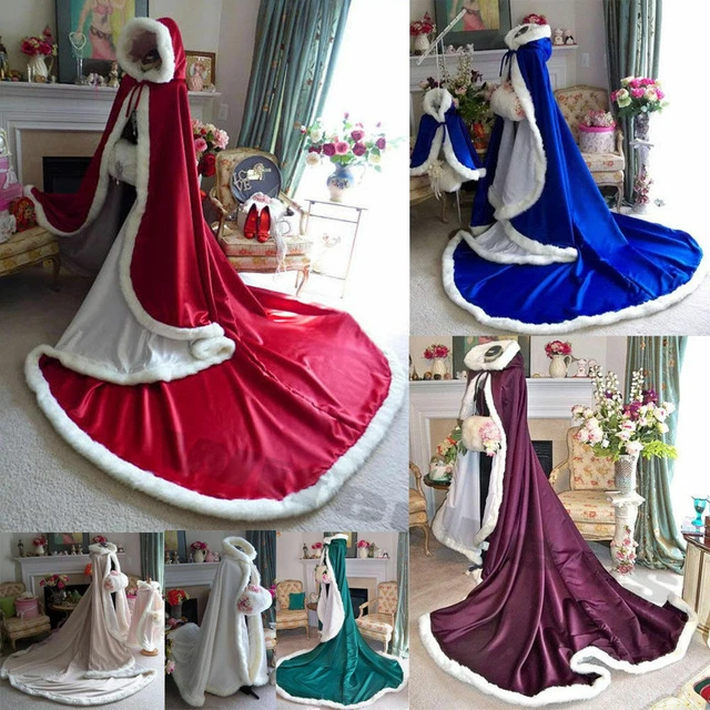 Winter Wedding Dress Bridal Hooded Long Cloak Cape Faux Fur Mantles Christmas