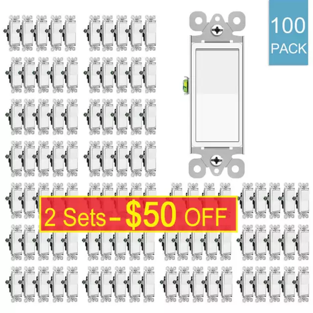 100Pack Electrical Home ON/OFF Rocker Paddle Wall Light Switch Single Pole White