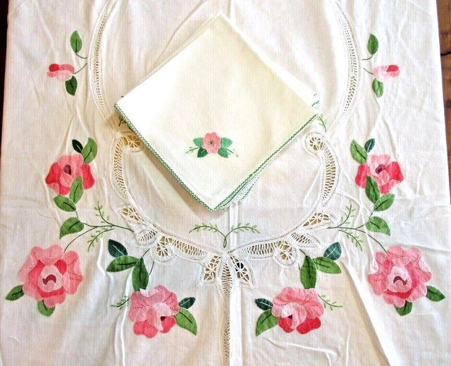 Vintage Tablecloth 5 Napkins White Pink Roses Applique 63x84 Vintage Tablecloth 5 Napkins White Pink Roses Applique 63x84