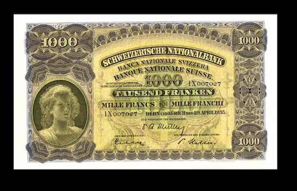 Reproduction Rare Switzerland Bank 1000 Franken 1955 Banknote Antique