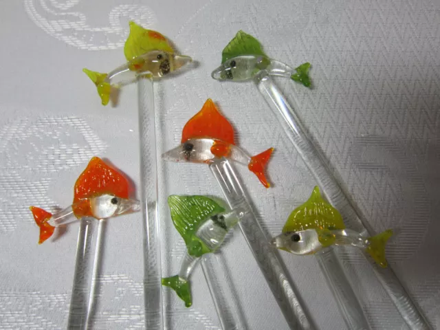 Handmade Glass Swizzle Stick Set of 6 Stir Sticks Orange Yellow Green Fish