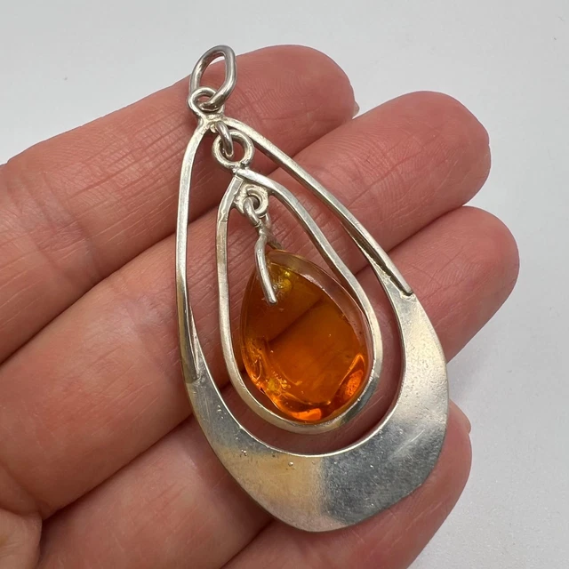 Pendentif Antique En Ambre Naturel Et Argent Sterling 925 Années 1940 - Collier 18 Pouces - Bijou Vintage UK