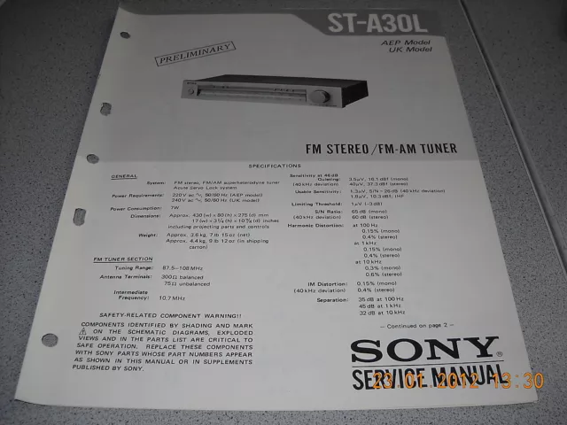 SONY ST-A30L FM Stereo / FM-AM Tuner Preliminary Service Manual