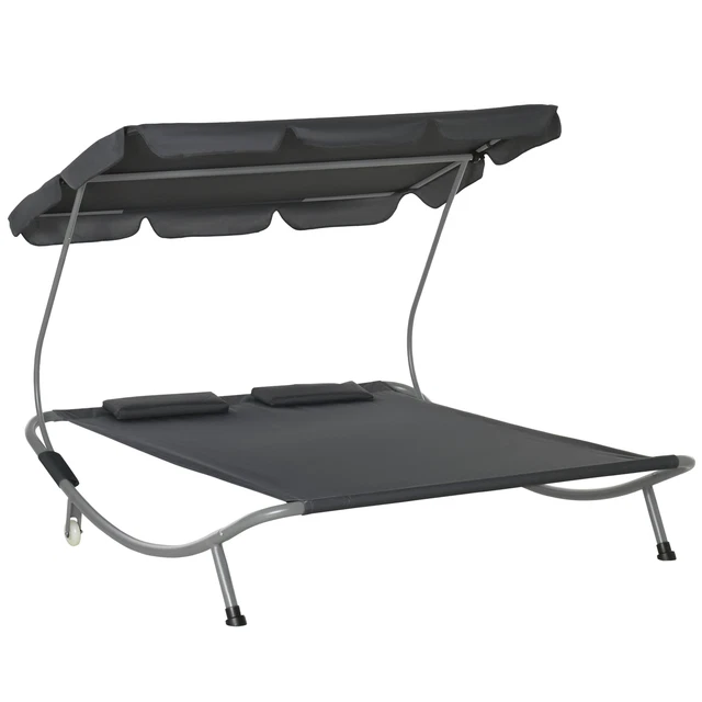 Outsunny Garden Doppelhängematte Sonnenliege Tagesbett Baldachin mit Ständer & 2 Kissen