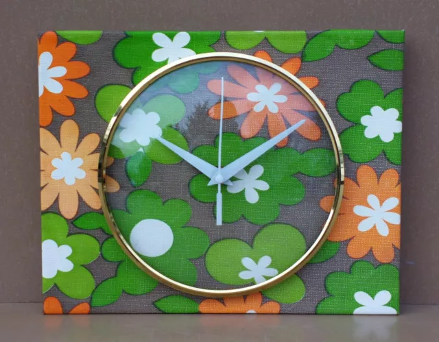 Pendule vintage FLEURS ORANGE VERTES ancien horloge pendulette MARCHE FLOWERS