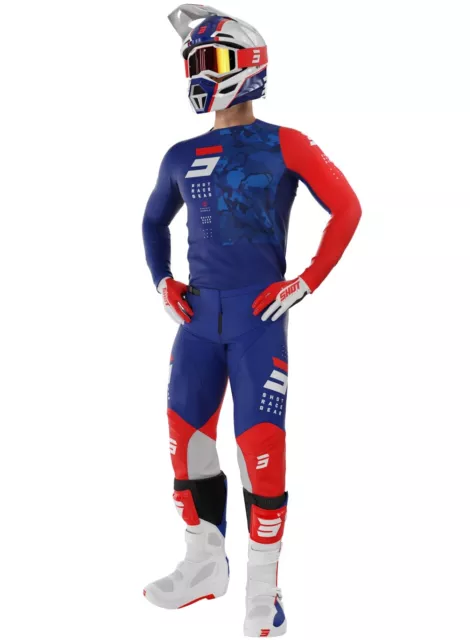 Combinaison Complet Cross Enduro Maillon Pantalon Shot Contact Camo 2 Bleu Rouge