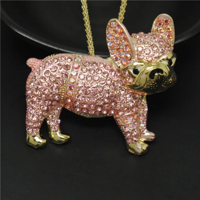 Fashion Women Pink Rhinestone Bling Cute Pug Dog Crystal Pendant Chain Necklace 2