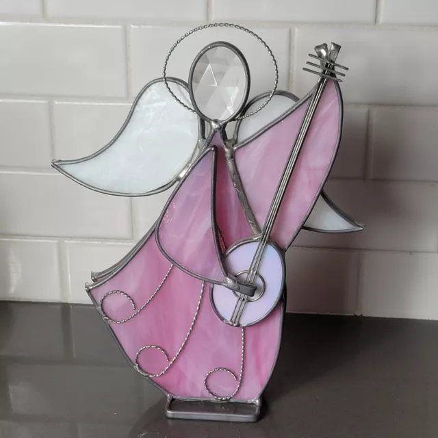 Vintage Stained Glass Angel Figurine Playing Guitar