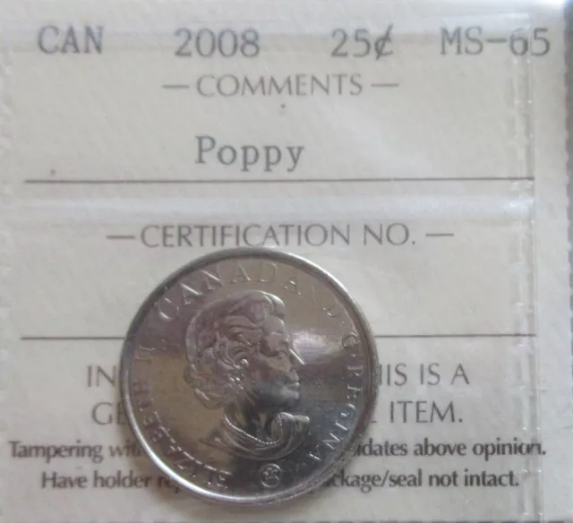 2008 Canada Poppy Quarter Coin ICCS MS 65 Twenty-Five Cents UNC 25 Cents