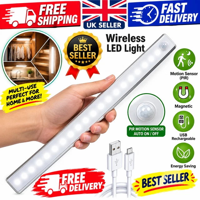 LED PIR MOTION Sensor Strip Light USB Rechargeable Magnetic Cabinet ...