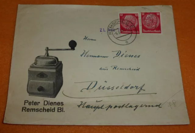 Kaffeemühle Peter Dienes Remscheid Bl. Brief mit Werbung Düsseldorf 1941