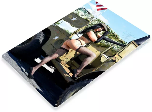Battle Ready Pinup Girl Sexy Combat Military Man Cave Gun Decor Metal Tin Sign