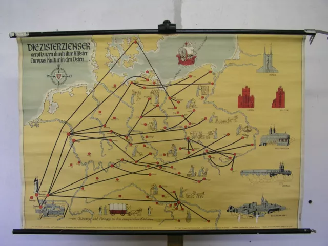 Schulwandkarte Karte Orden Zisterzienser Mönch Mönche Nonne Nonnen 119x81c ~1955