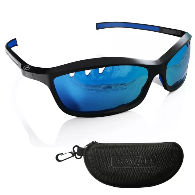 RayZor schwarze Sport-Sonnenbrille Uv400 belüftet blau verspiegelte Gläser u.a. 49 (401)